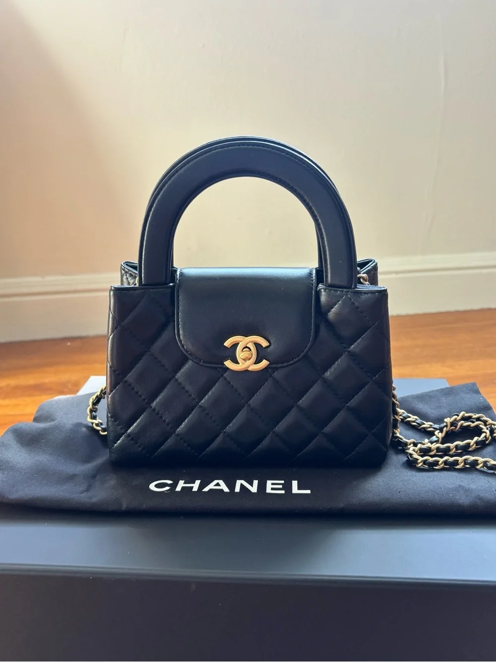 CHANEL Black Quilted Mini Top-Handle Bag with Gold CC
